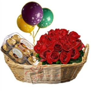 Flowers basket balloons and rocher