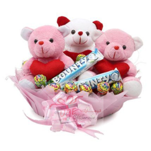 Teddy bear basket with chocolates