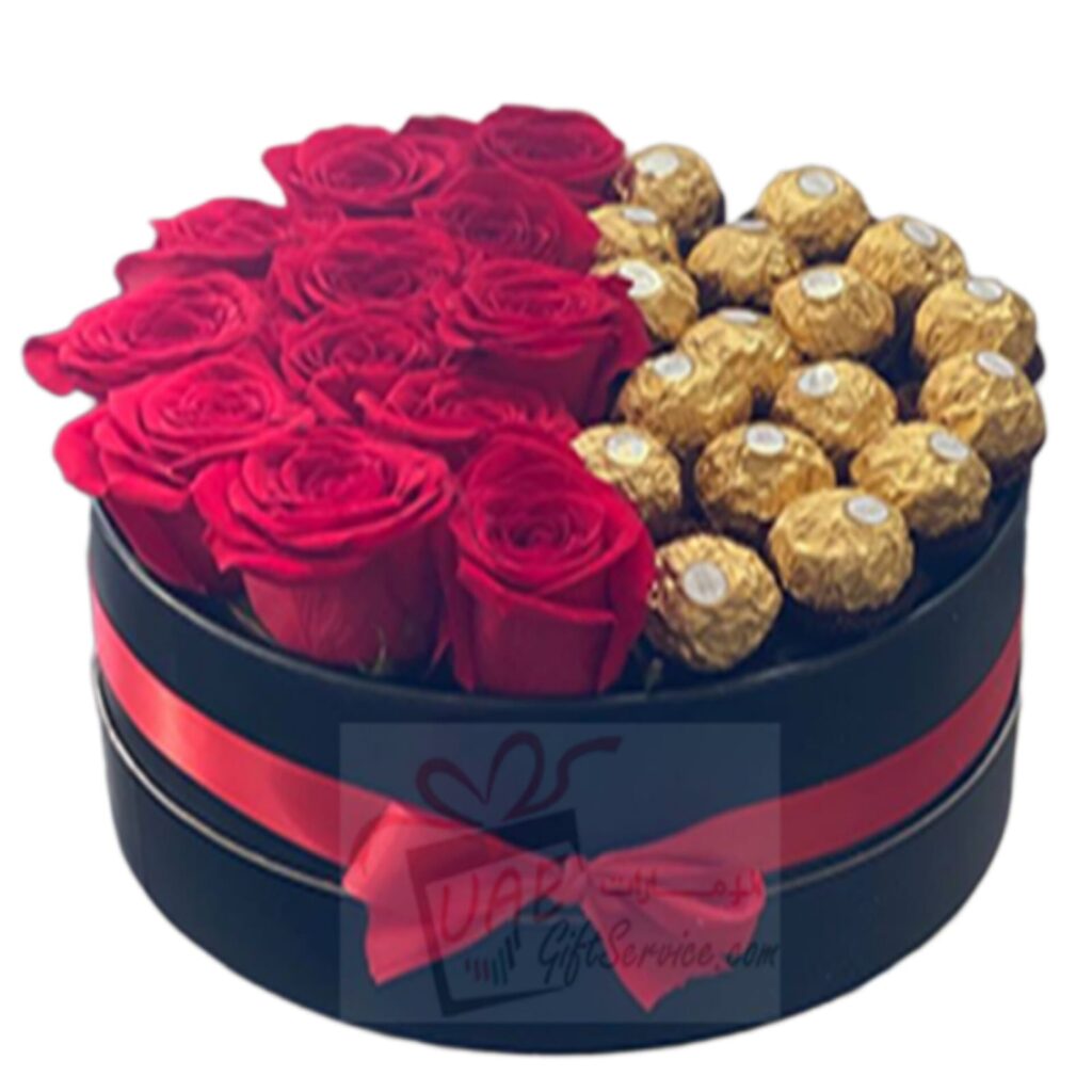 Round box chocoaltes and flowers – Send Gift to Uae , Cake , Flower ...