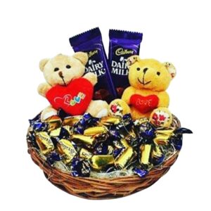 Chocolates with teddy bear and basket