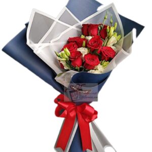 Red flower in blue white packaging