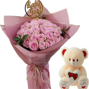 12 Pink flowers bouquet with teddy bear