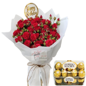 Red flower bouquet with rocher