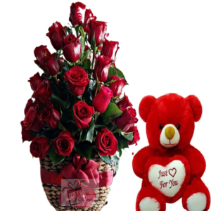 Flower basket with teddy bear