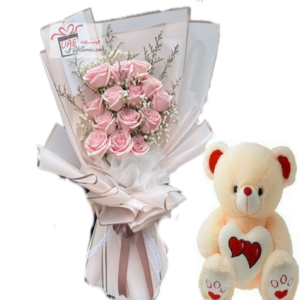 Pink Flowers Bouquet with teddy bear