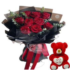 For Love red roses and teddy bear